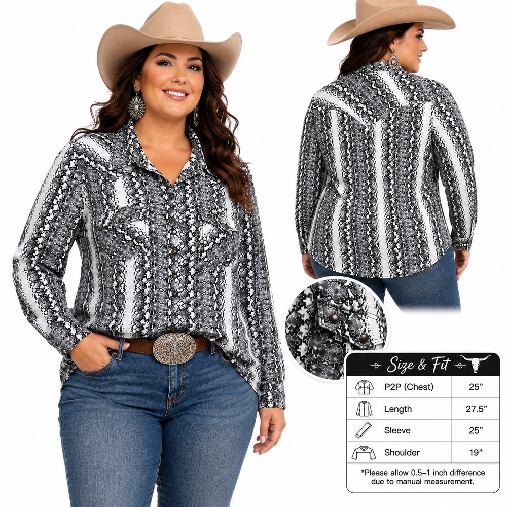 Wrangler Retro Western Shirt Women XXL Grey Snakeskin Snap Front Rayon LW4008X